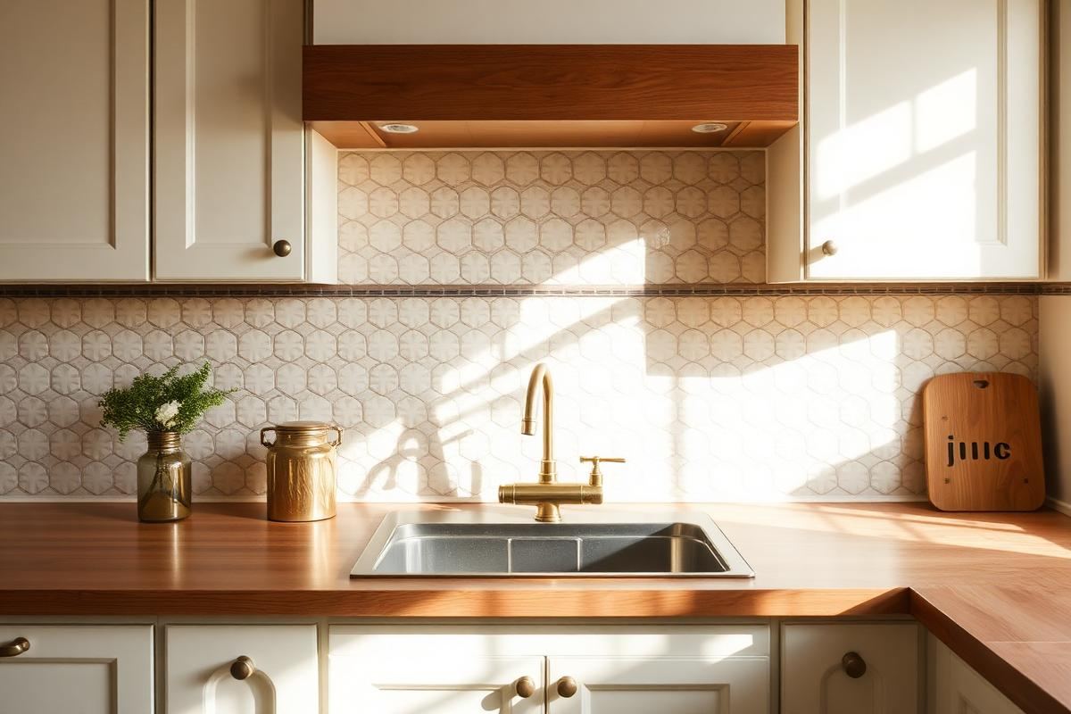 Cream zellige tile backsplash with brass faucet