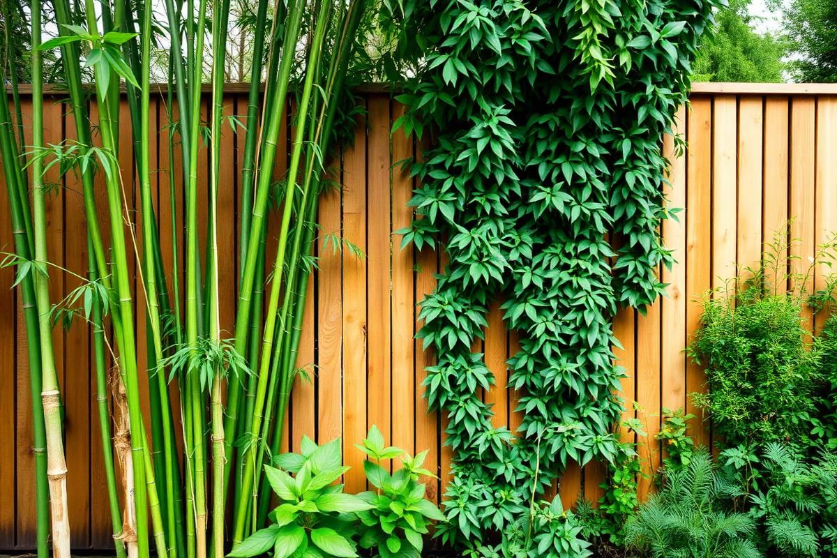 Privacy fence with bamboo and climbing vines