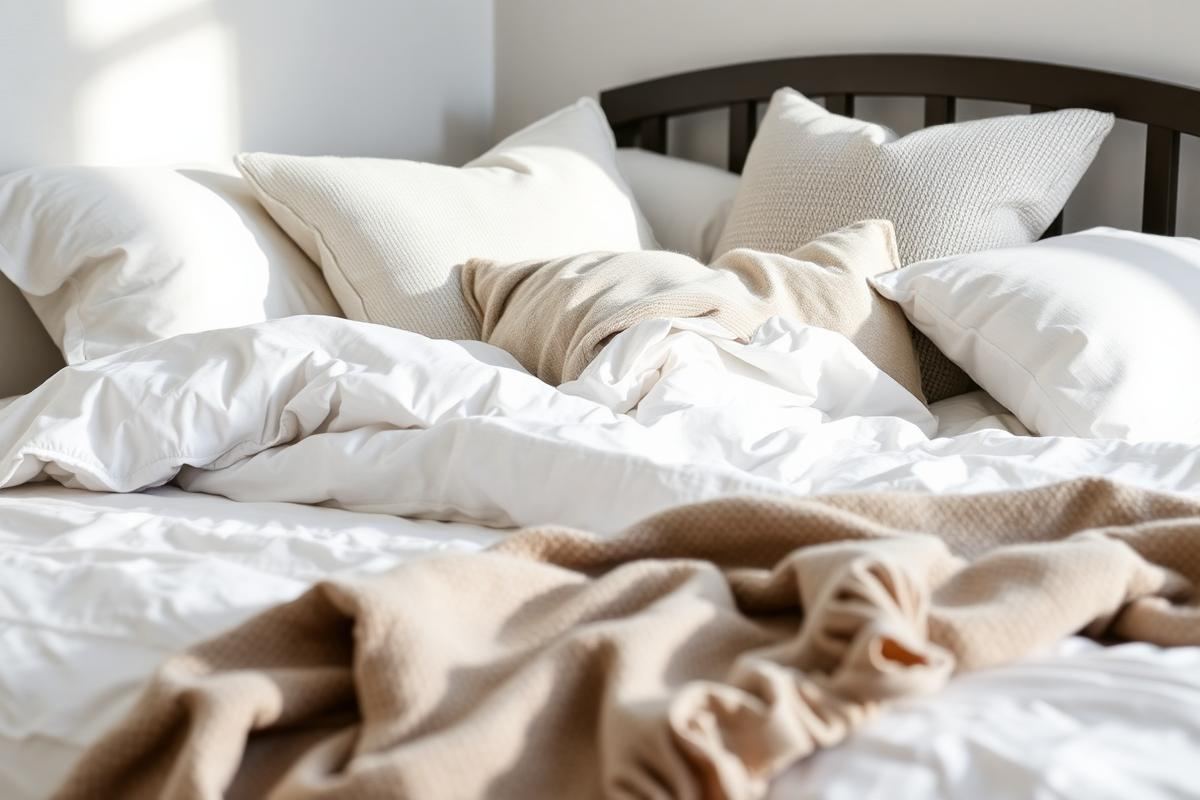 Neatly made bed with layered white linen bedding