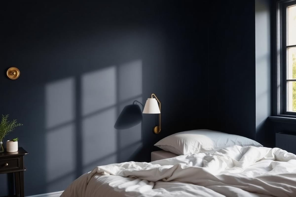 Deep navy bedroom with warm sconce