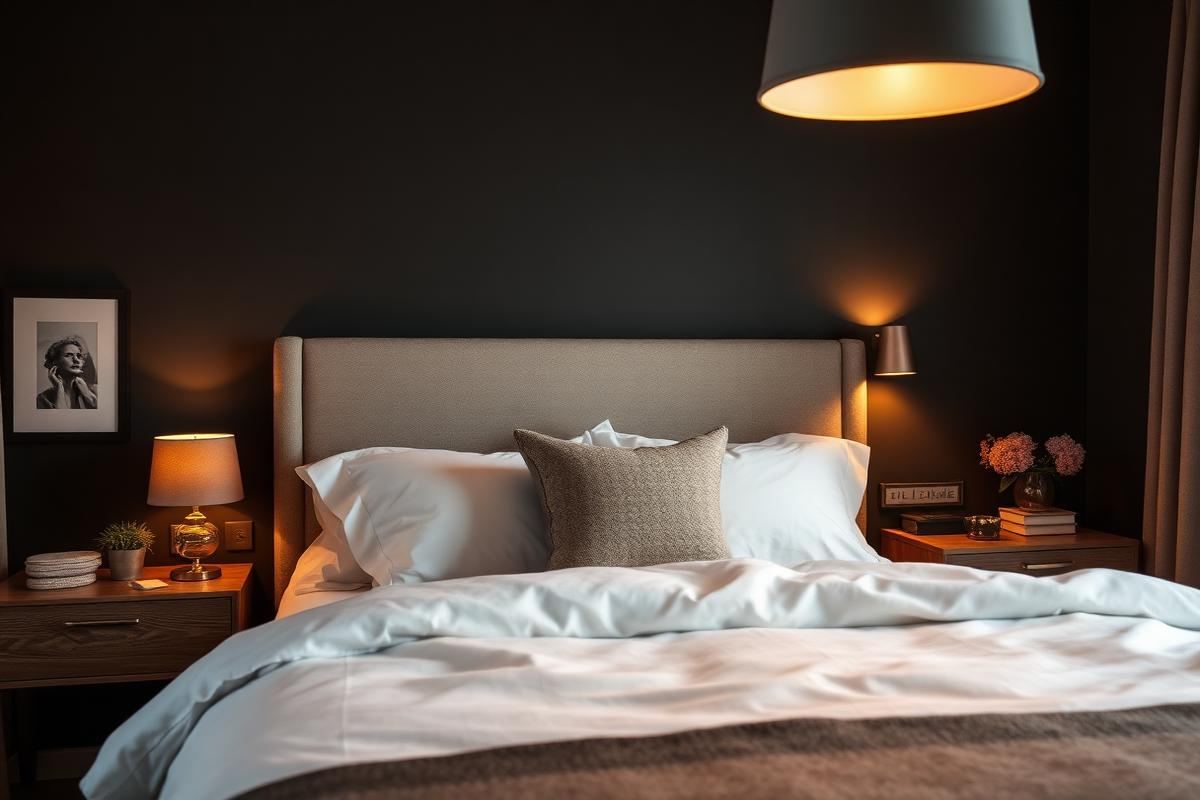 Bedroom with layered lighting and moody bedside lamps