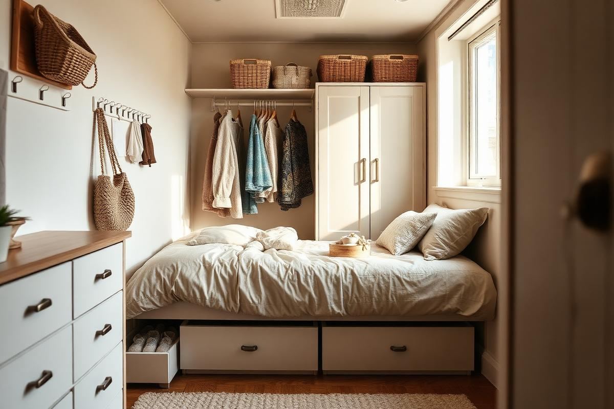 Small bedroom with under-bed drawers, slim wardrobe, wall pegs, and woven storage baskets