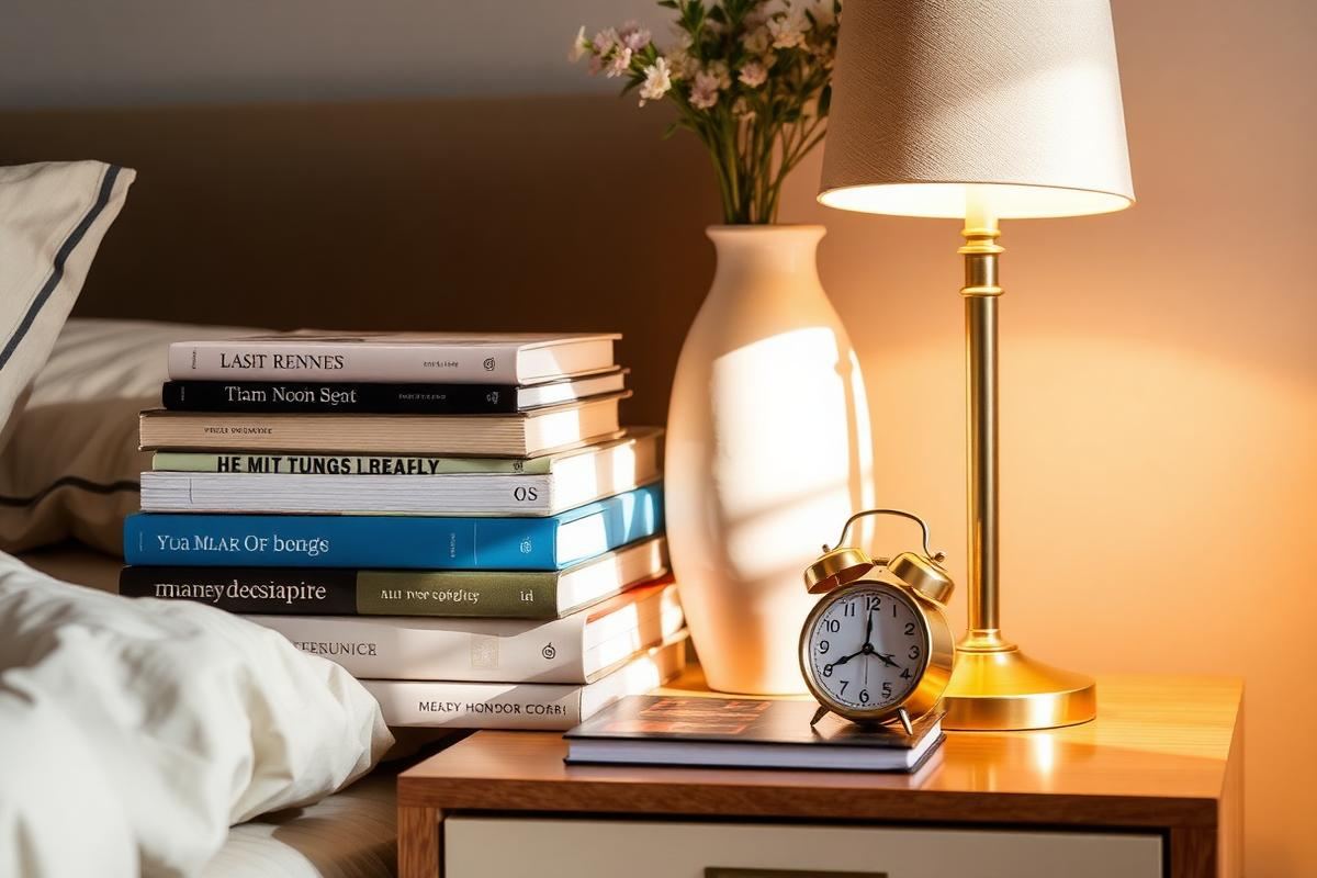 Styled bedside table with books, lamp, and vase