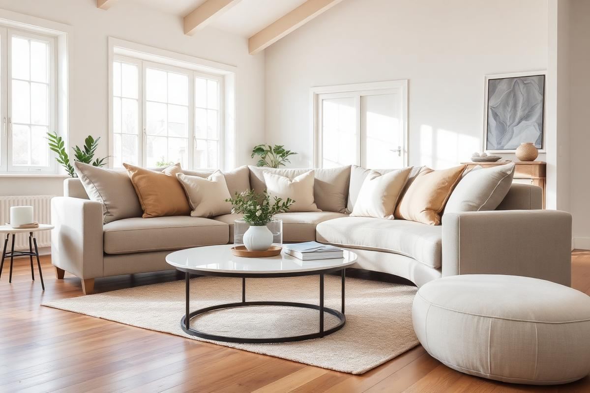Neutral fabric sofa with linen cushions in a bright living room