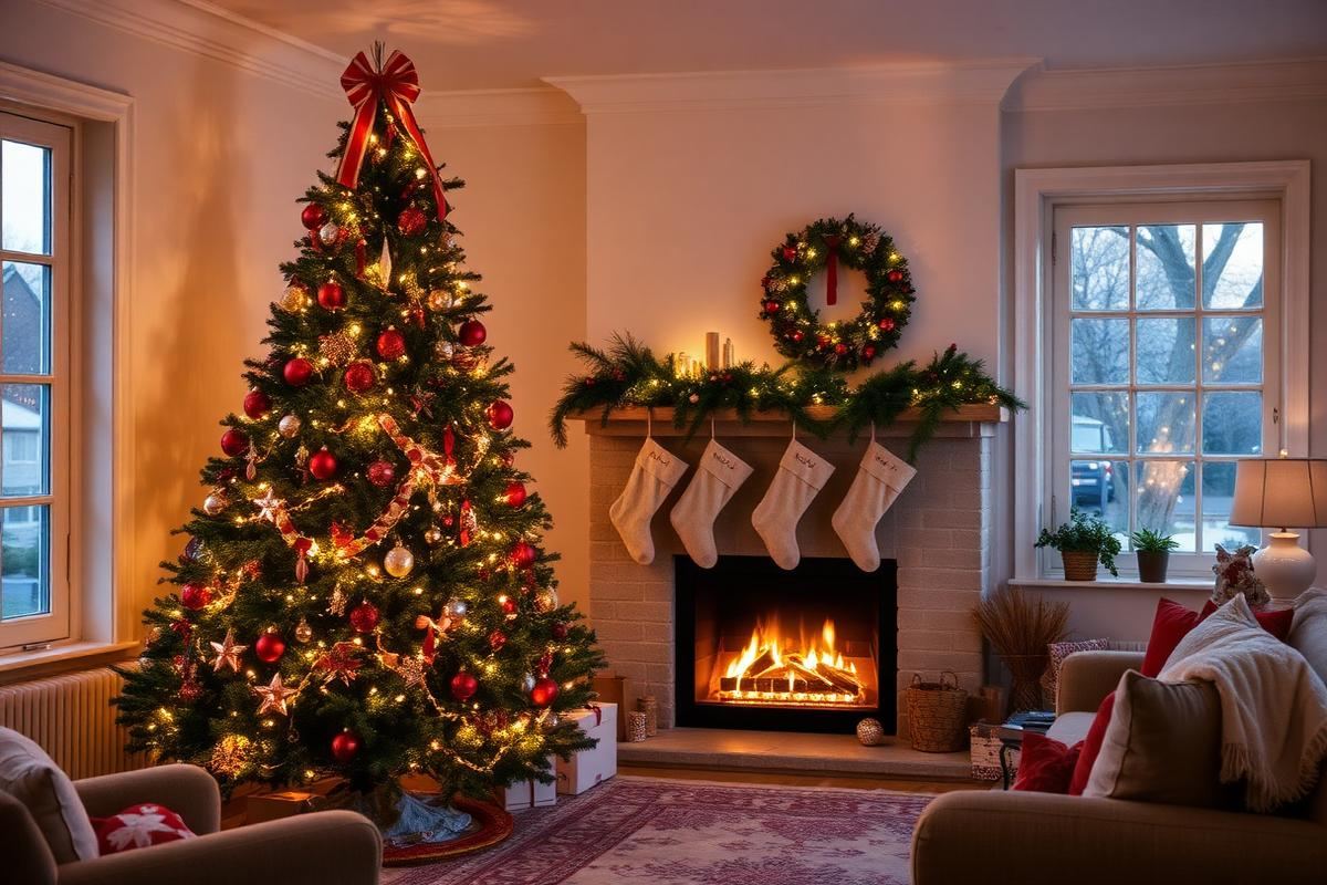 Christmas living room with tree and stockings