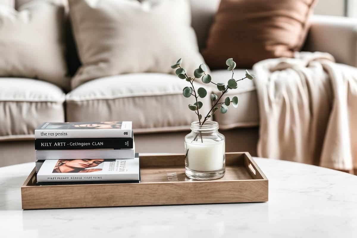 Styled coffee table with stacked art books, wooden tray, candle, and a small vase of eucalyptus