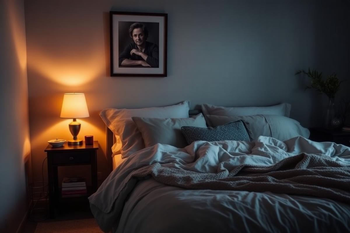 Cozy bedroom with linen bedding, warm bedside lamp, and framed art