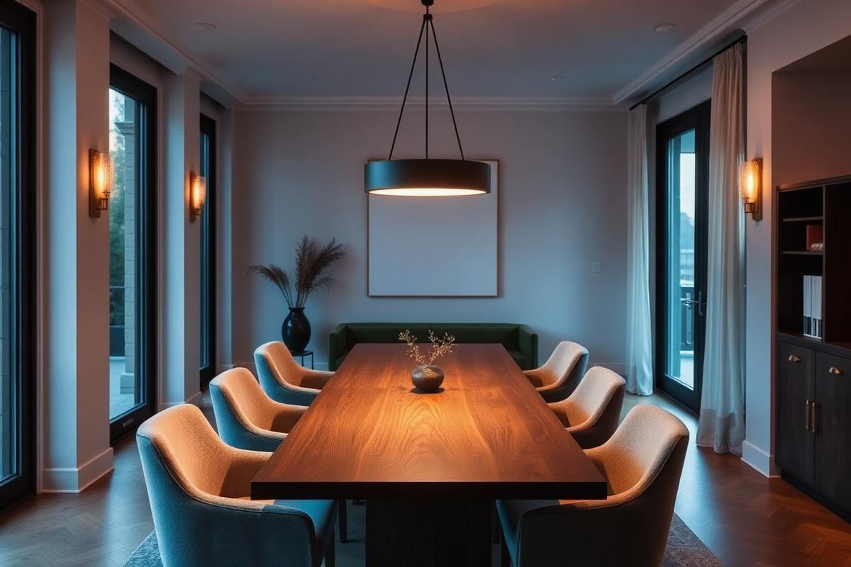 Pendant light hanging above a wooden dining table