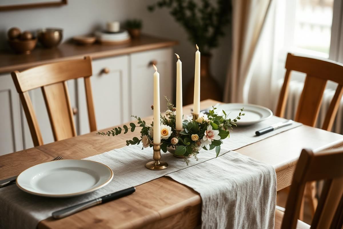Dining table styled with a linen runner, ceramic plates, low floral arrangement, and taper candles