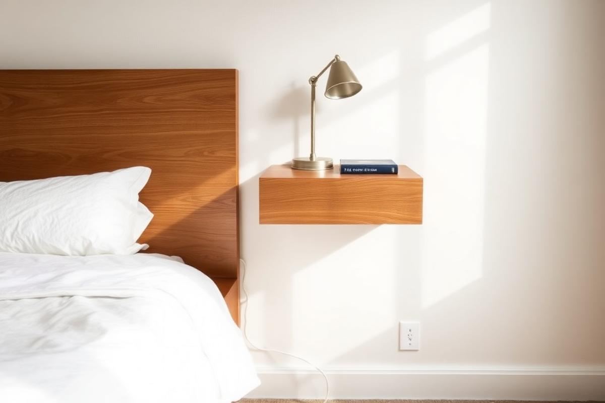 Oak floating nightstand mounted beside a bed with a small lamp, book, and ceramic dish on top
