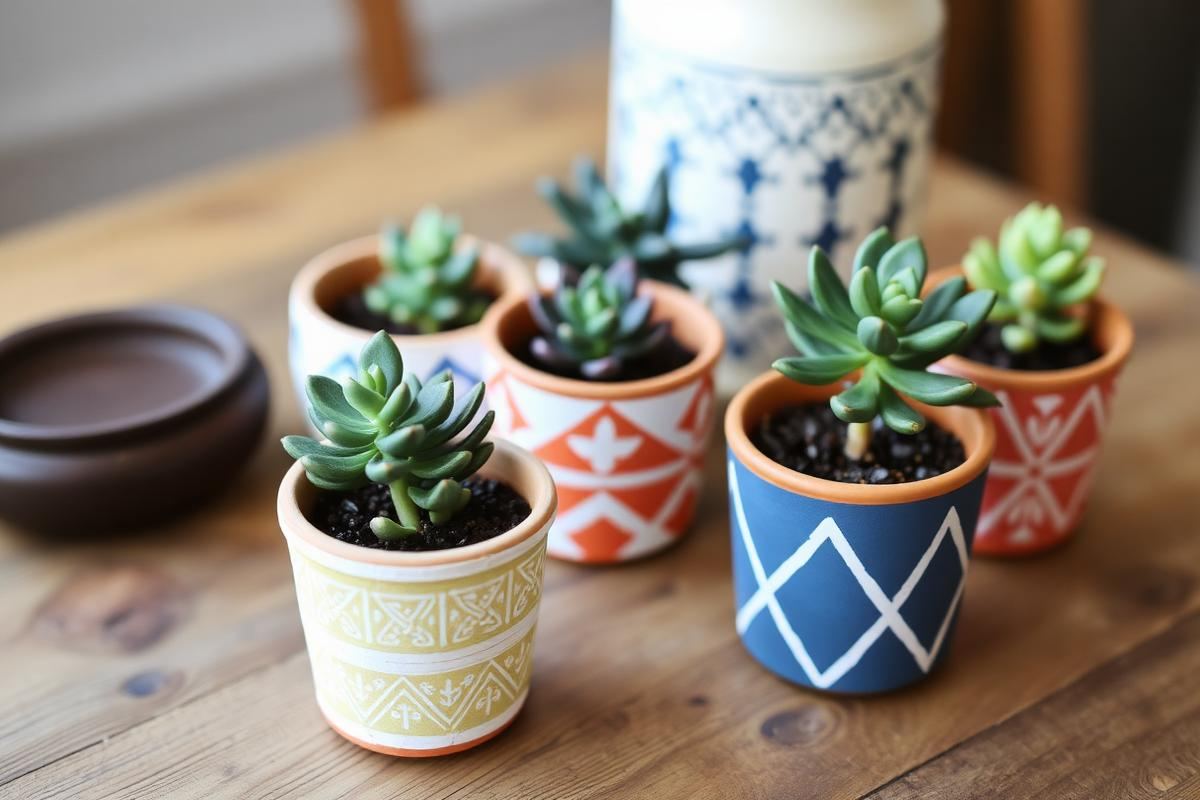Painted terracotta planters with succulents