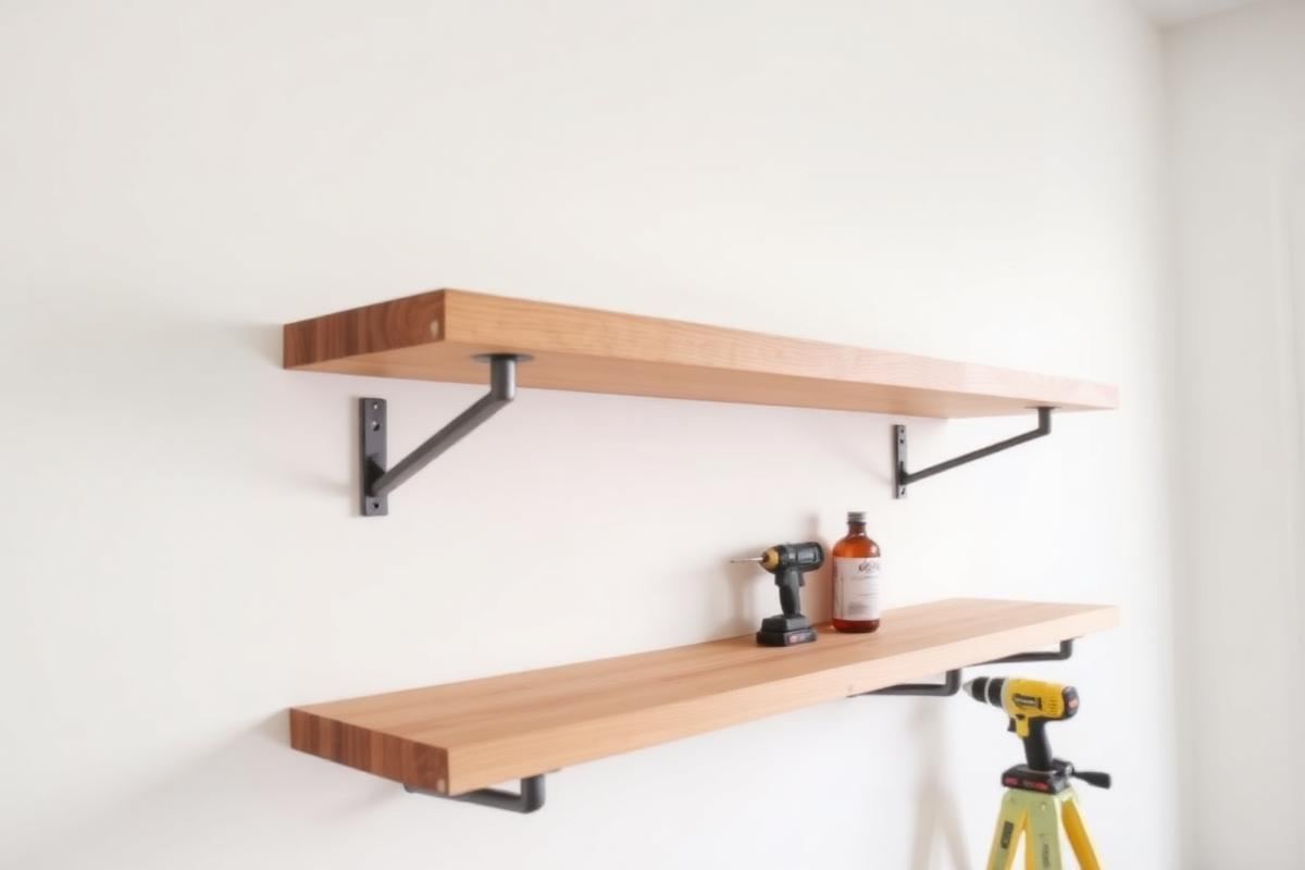 Floating wooden shelves with drill and level
