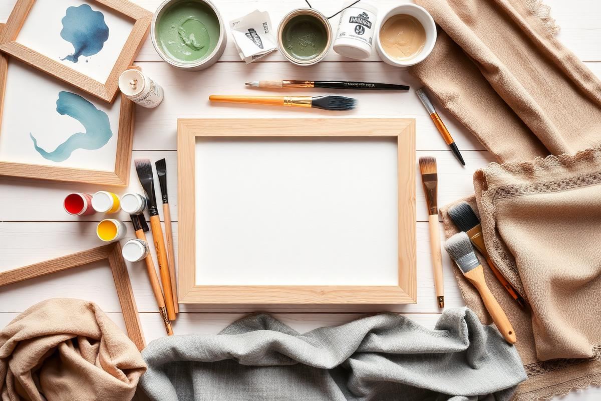 Wall art project supplies: paint, brushes, frames, and fabric