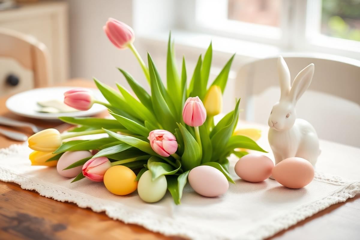 Easter table with pastel eggs, tulips, and ceramic bunny
