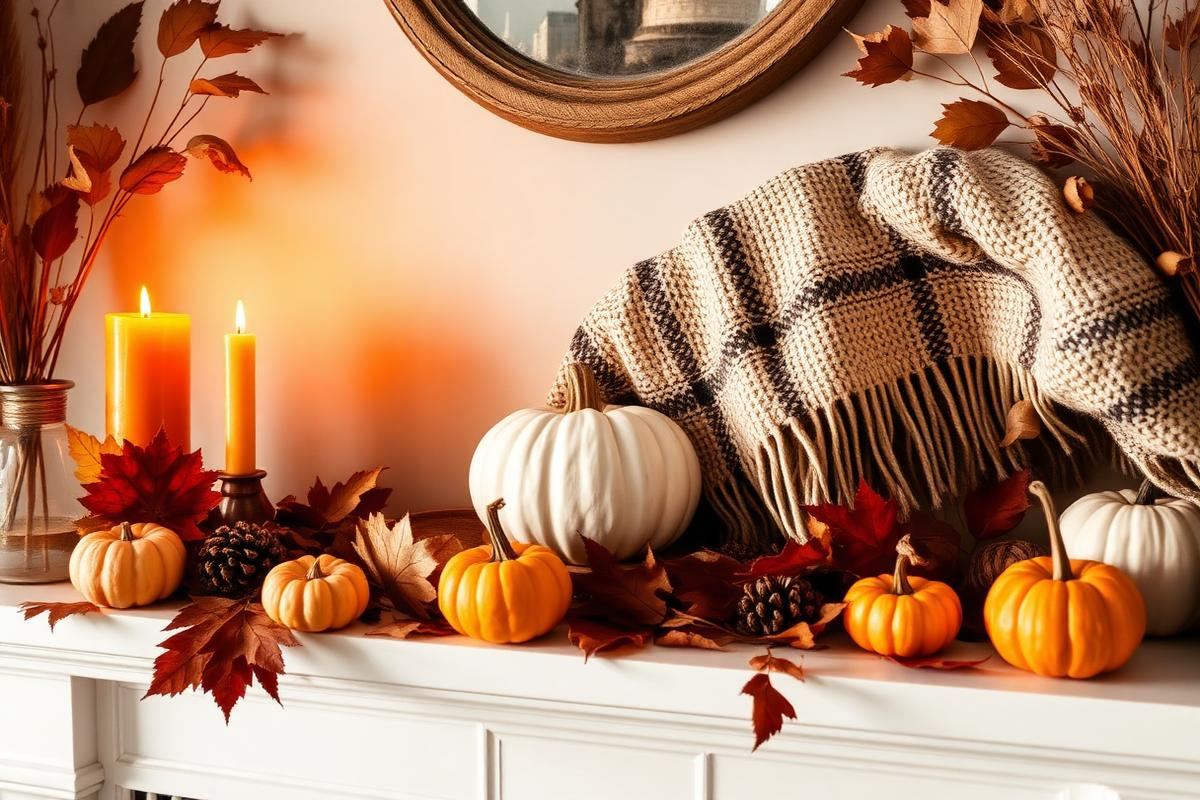 Warm fall mantel styling with candles, throw, and dried leaves