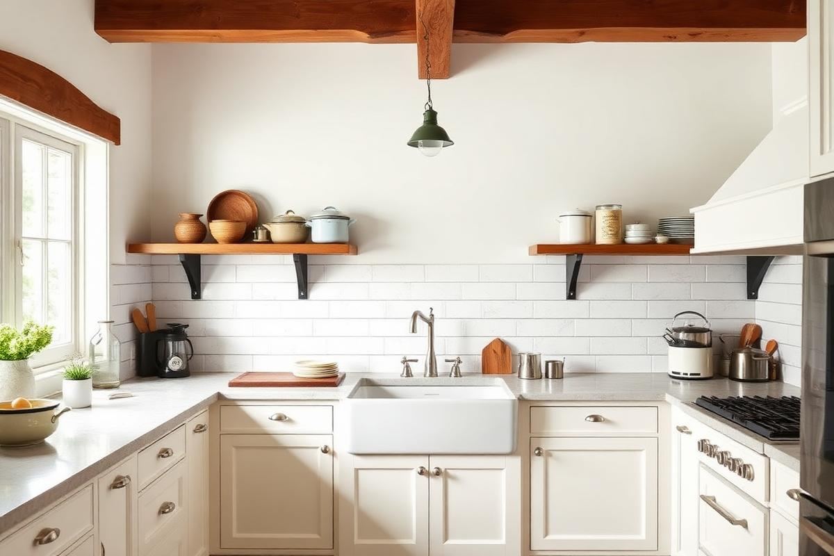 Farmhouse kitchen with apron sink and open shelving