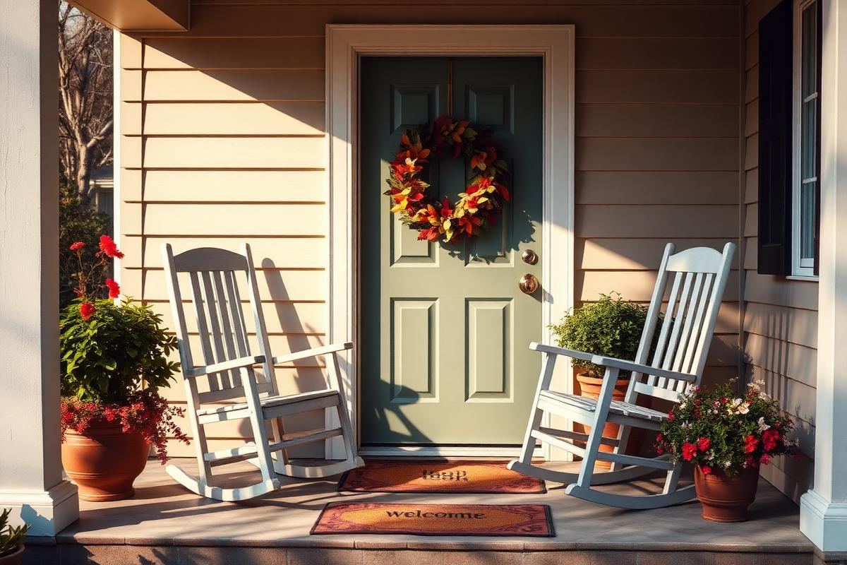 Front porch with rocking chairs and seasonal wreath