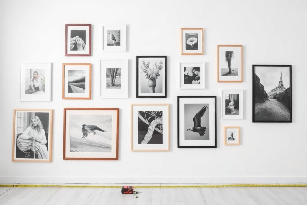 Gallery wall of framed art with measuring tape