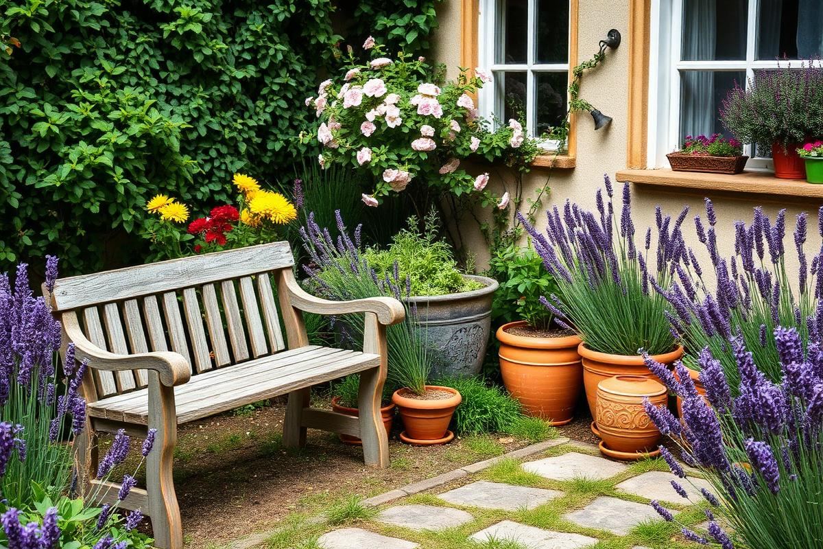 Cottage garden with weathered bench and lavender