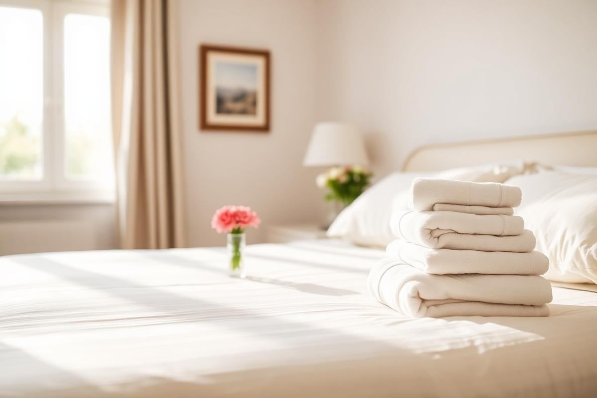 Bright guest bedroom with folded towels and flowers