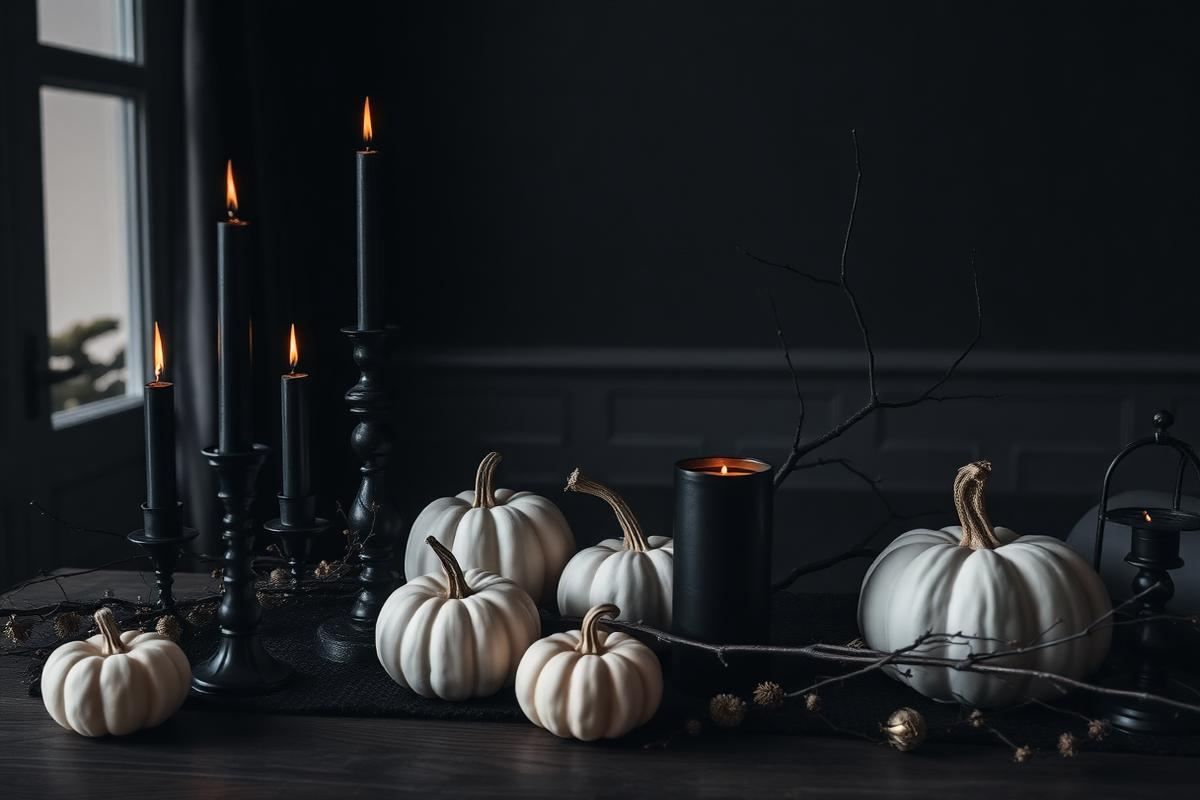 Elegant Halloween decor with black candles and white pumpkins