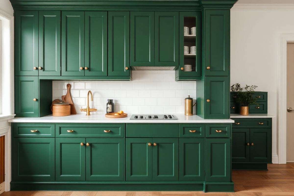 Deep green kitchen cabinets with brass hardware