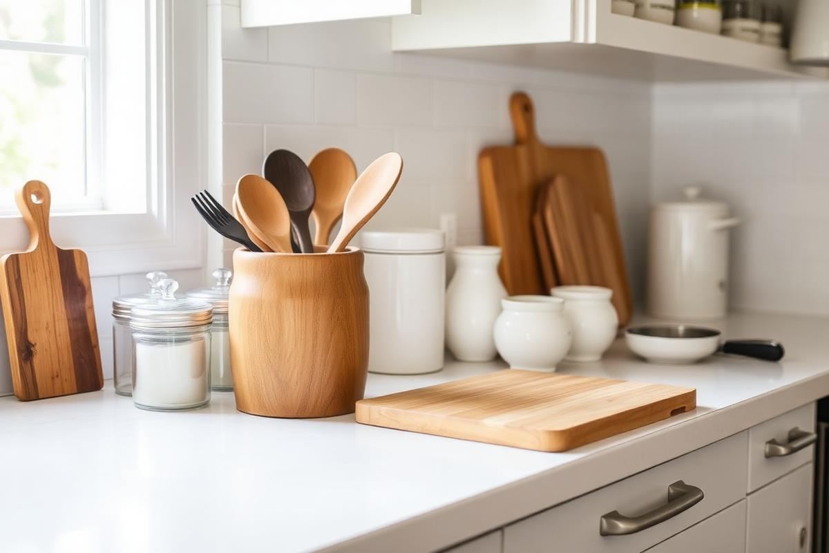 Organized kitchen counter with utensil crock and canisters