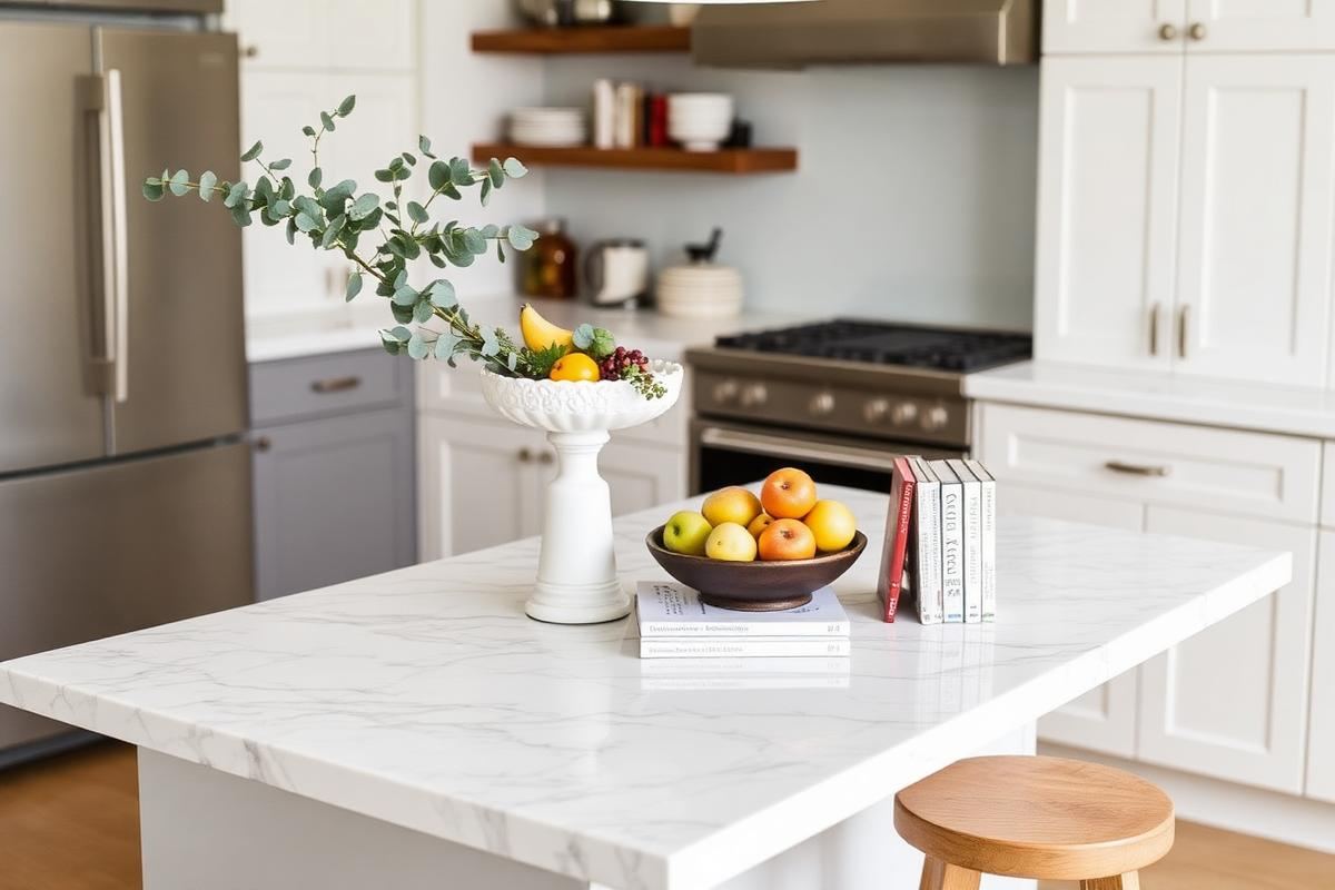 Marble kitchen island styled with fruit bowl and eucalyptus