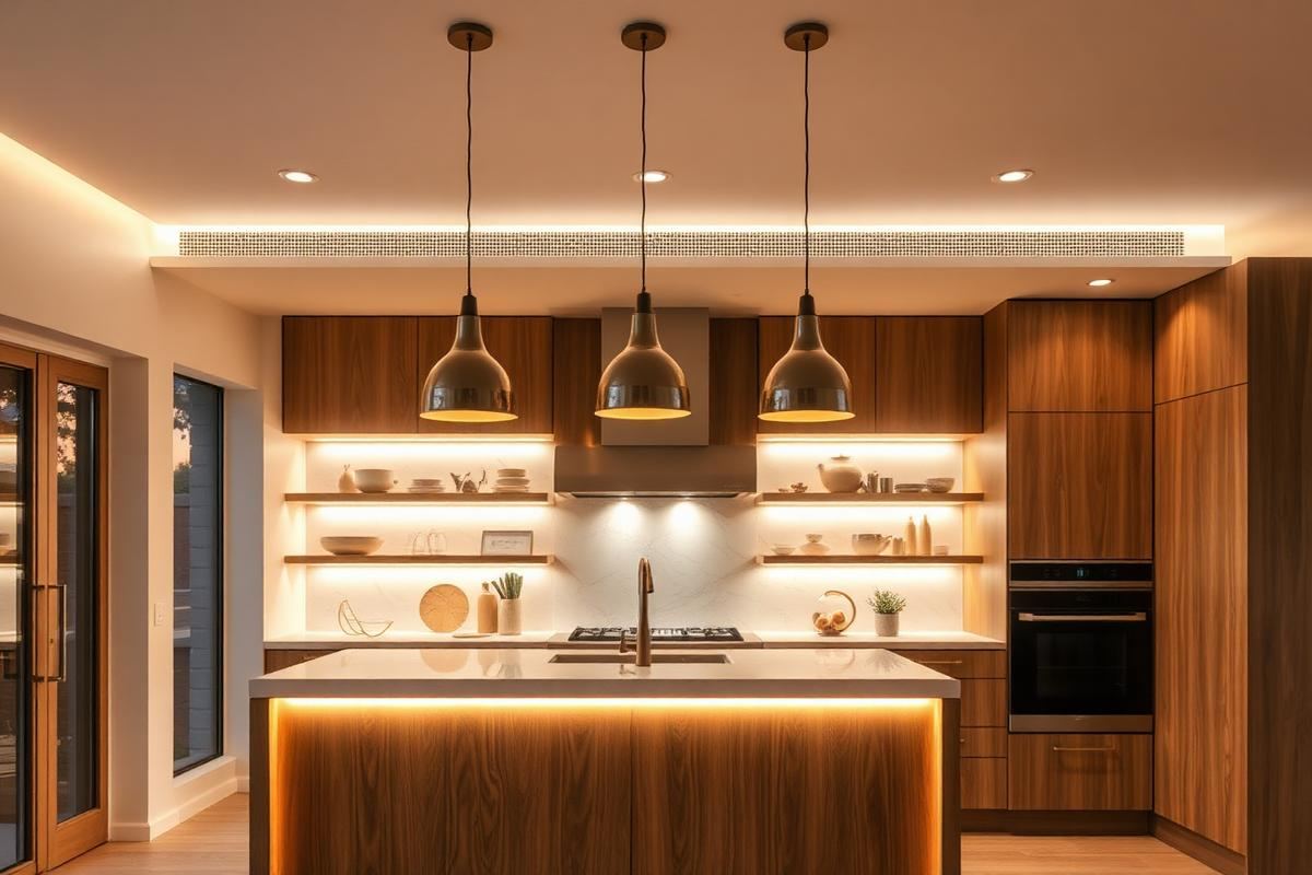 Modern kitchen with three pendant lights over an island and warm under-cabinet lighting
