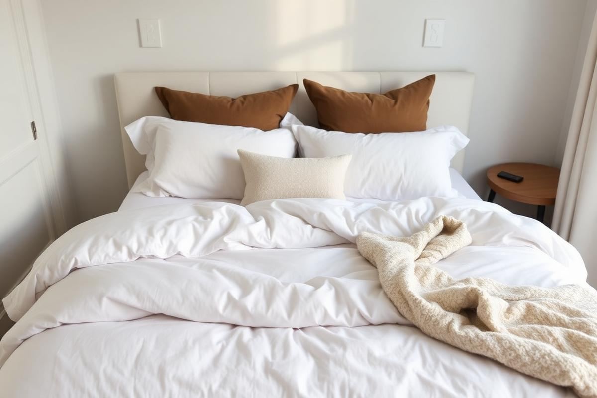 Layered hotel-style bed with white sheets, quilt, folded duvet, mixed pillows, and a linen throw