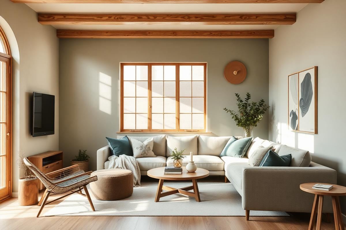 Sage and cream living room with wood accents