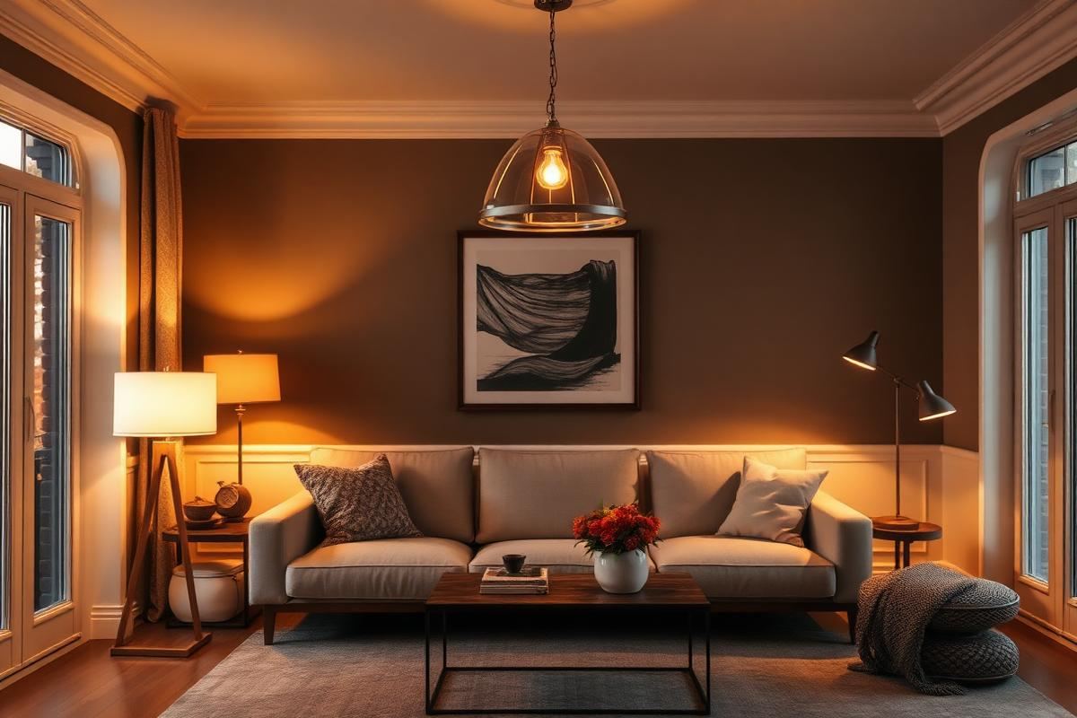 Living room with layered ambient, task, and accent lighting