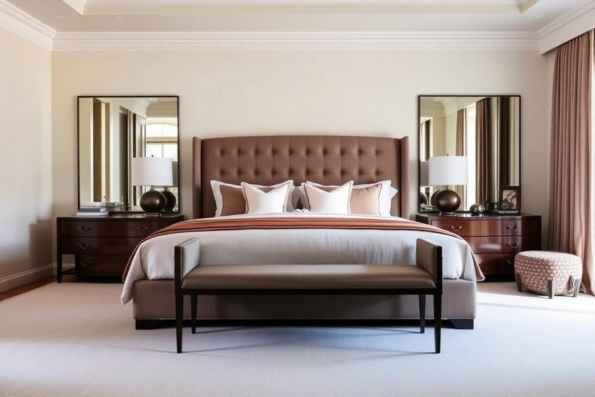 Elegant master bedroom with upholstered headboard