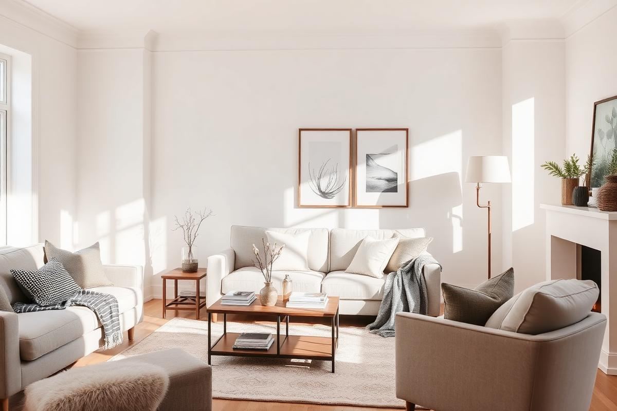 Calm January living room with pale textiles, a single vase of branches, and clear surfaces after a seasonal reset