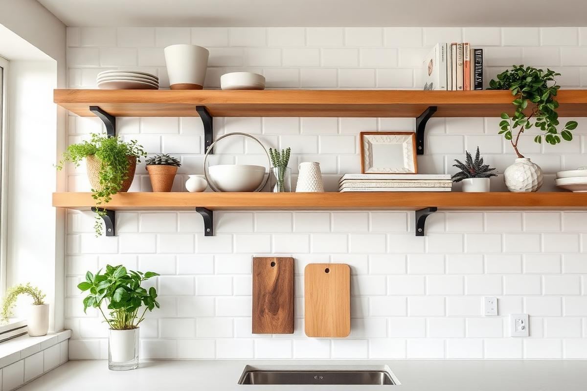 Bright kitchen with open shelving styled with ceramics and plants