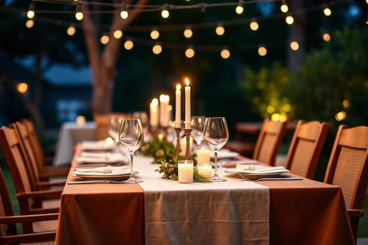 Outdoor dining table set with candles and string lights