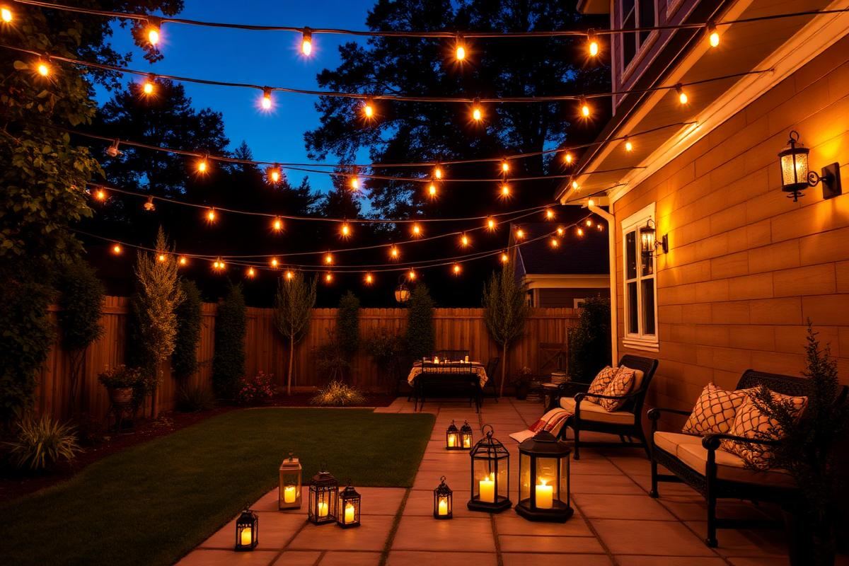 Backyard at dusk with string lights and lanterns