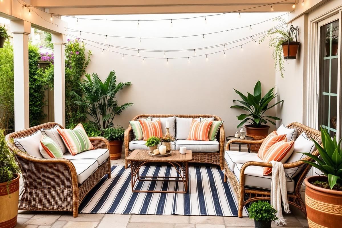 Outdoor patio with rattan seating, cushions, and string lights