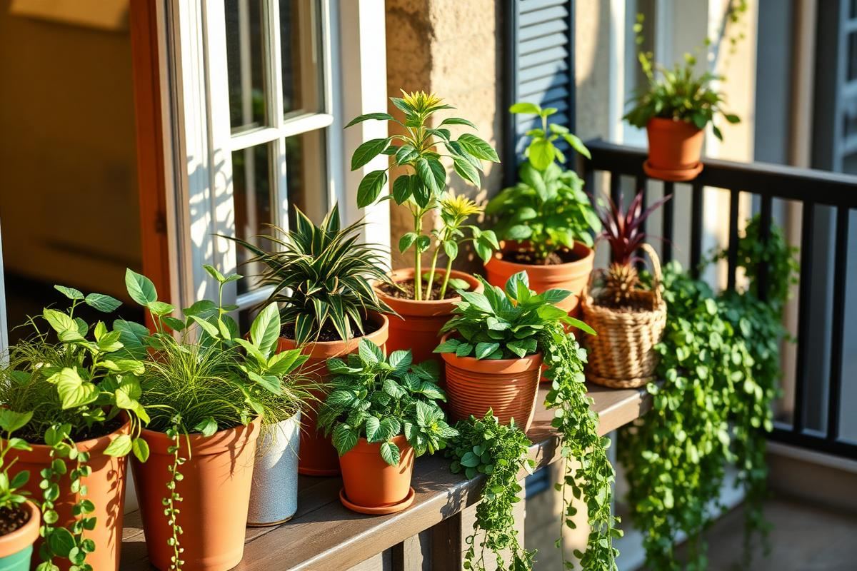 Balcony styled with grouped potted plants at varied heights in terracotta and woven planters