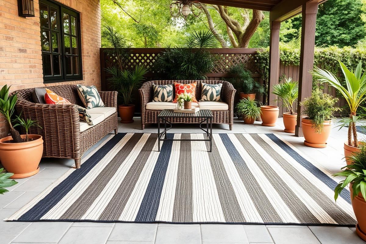 Striped outdoor rug under wicker seating