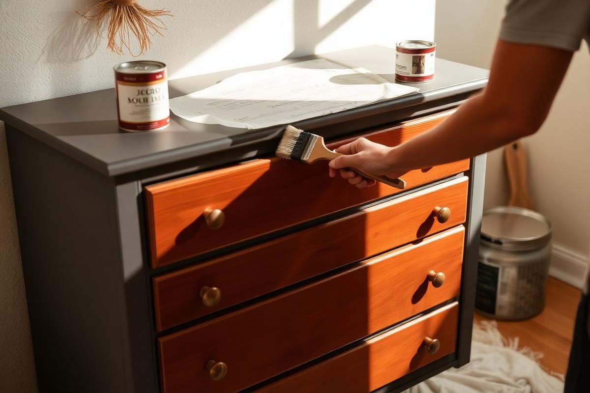 Person painting a dresser with drop cloth