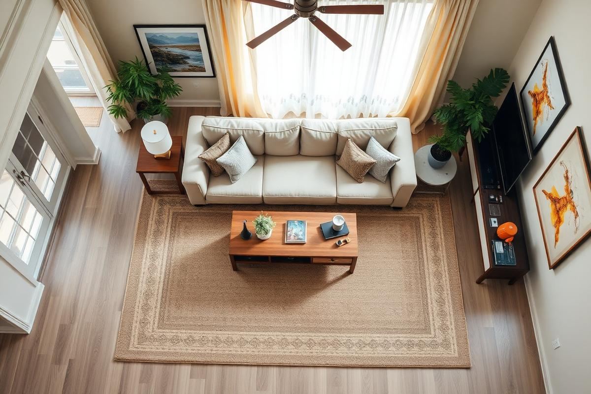 Large area rug under a sofa and coffee table in a bright living room