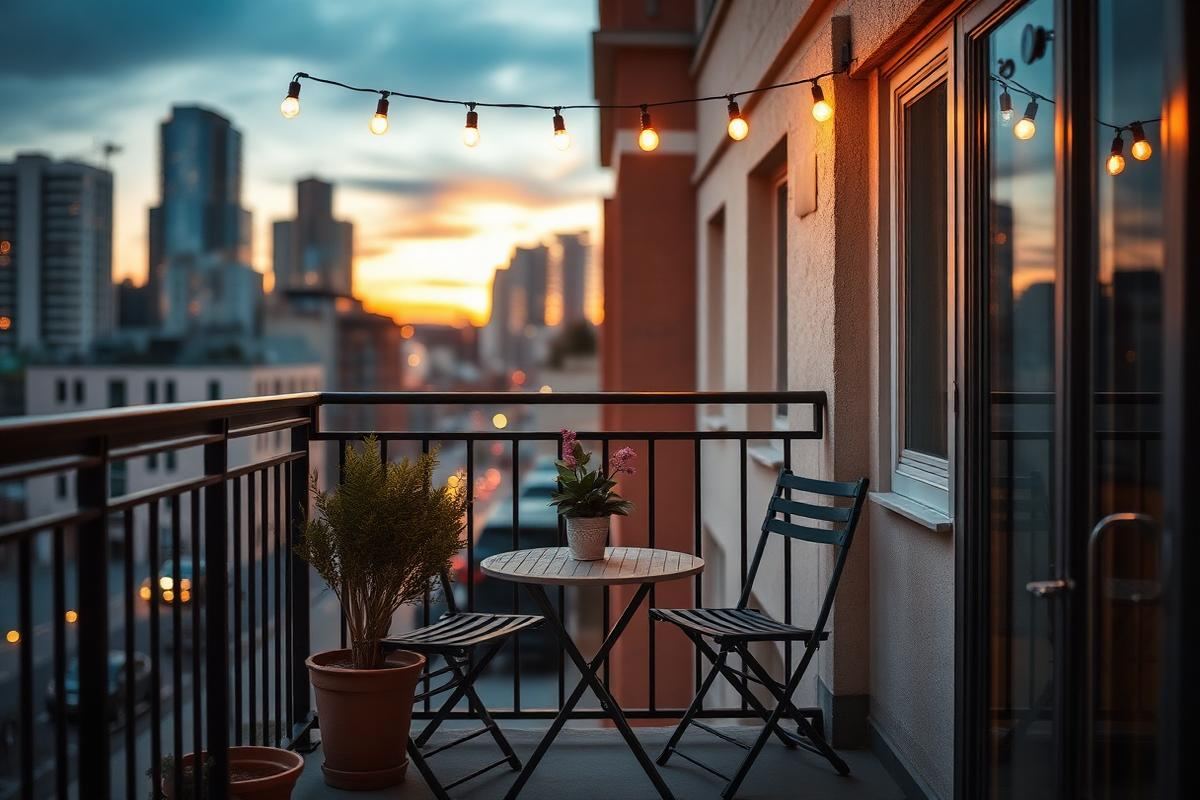 Small balcony with two folding chairs, a plant, and string lights