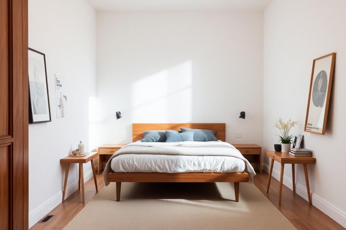 Small bedroom with bed centered on the wall and slim nightstands