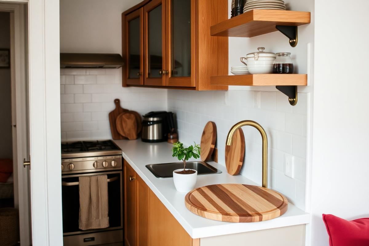 Small kitchen with warm styling, wood cutting boards, and a single plant