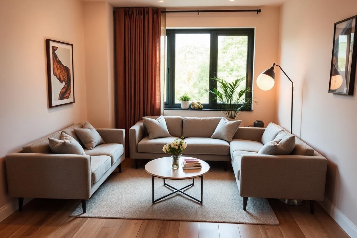 Modern small living room with sectional sofa, coffee table, and floor lamp