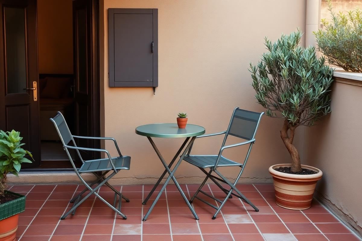 Compact patio with bistro table, two slim chairs, and a potted olive tree on terracotta tiles