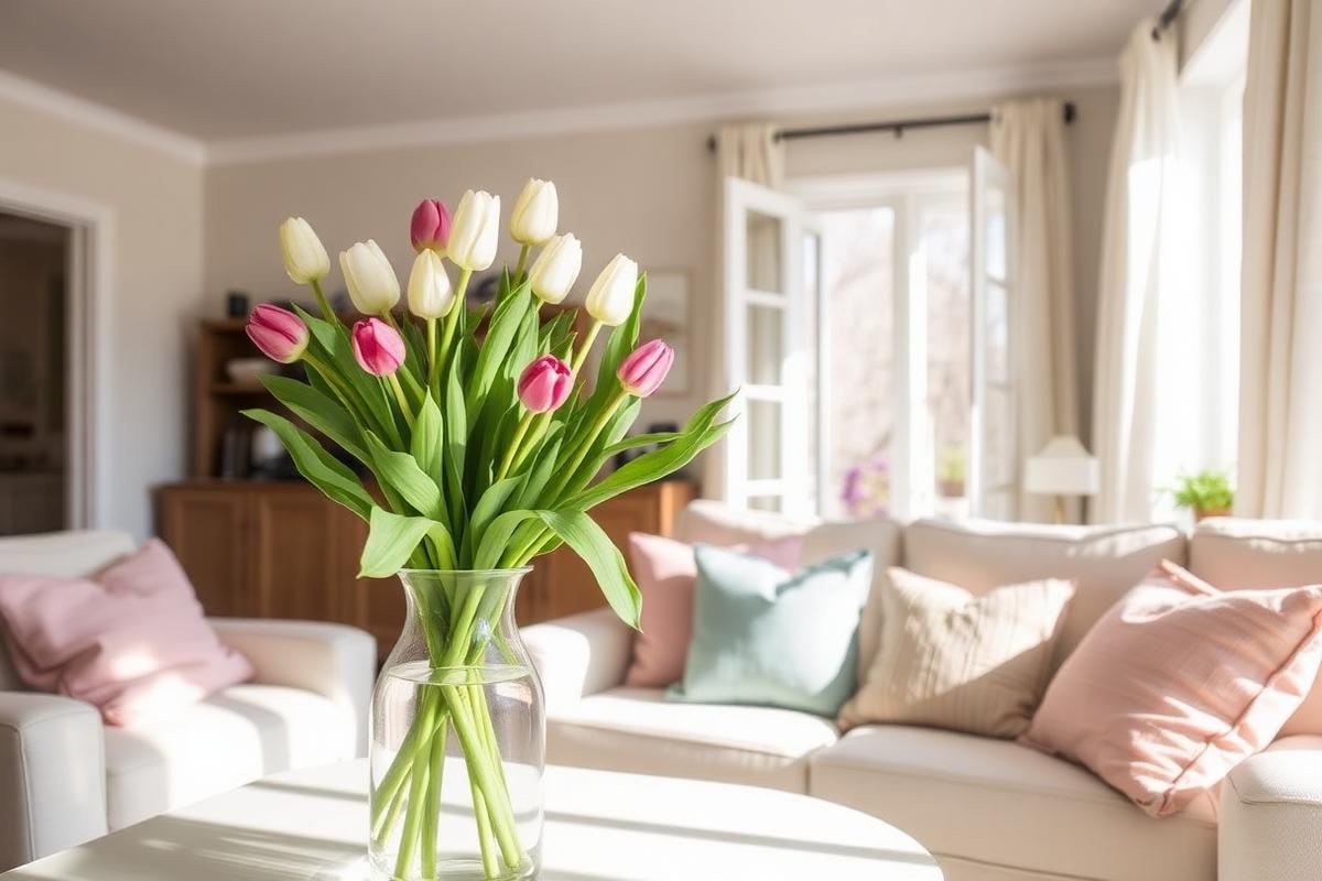 Spring living room with tulips and pastel pillows