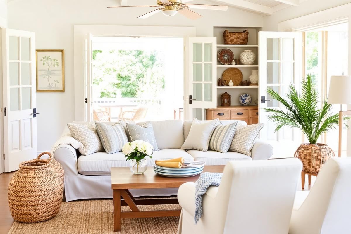 Bright summer living room with linen slipcover sofa