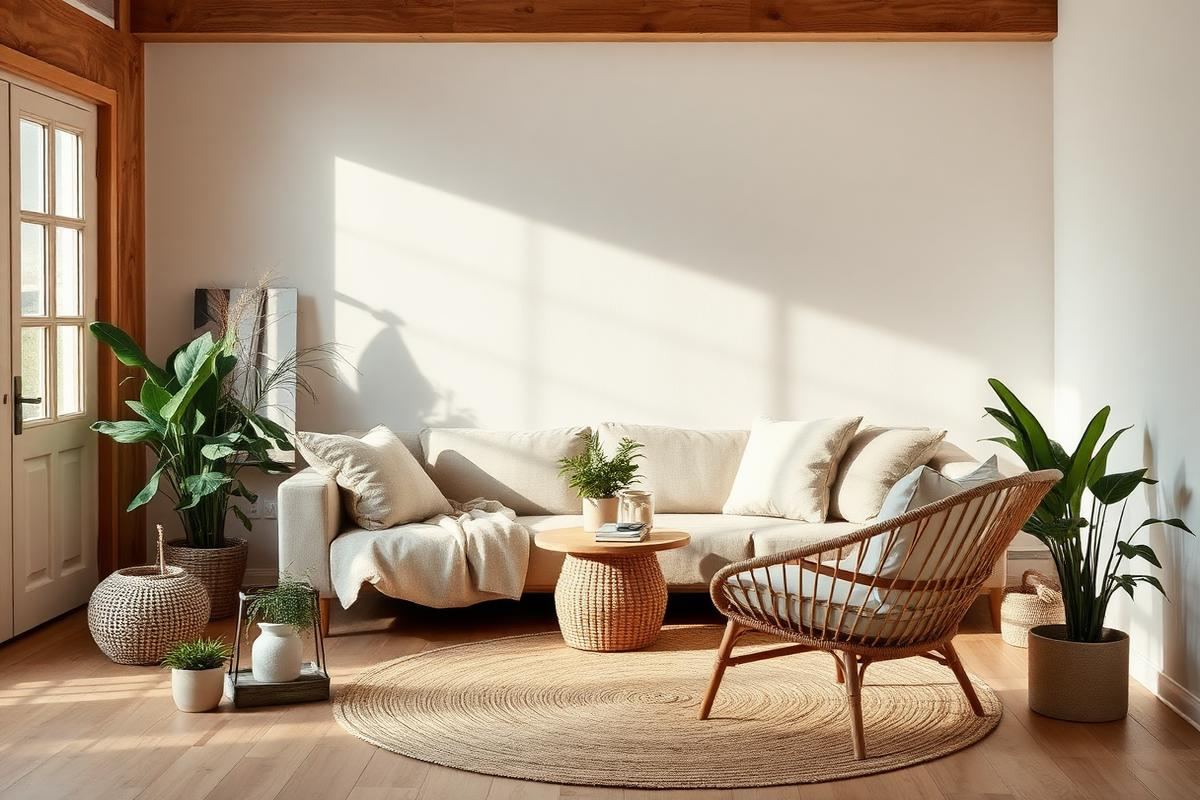 Living room with natural materials, wood, linen, and rattan